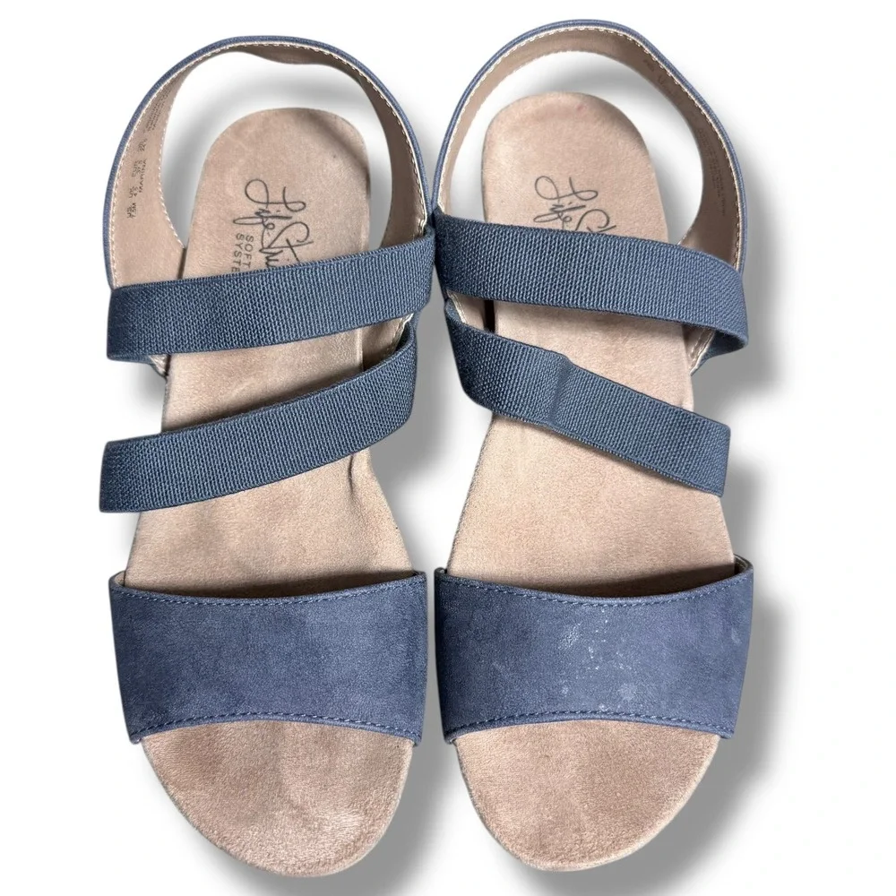 LifeStride Marina Wedge Sandals Blue Fabric Elastic Comfort Size 7.5M